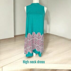 Unique High Neck Teal Sleeveless dress with pink design. Size medium.
